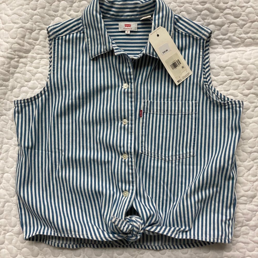 NWT Levi’s Rumi Sleeveless Button Tie Waist Shirt Stripe - Blue & White - S